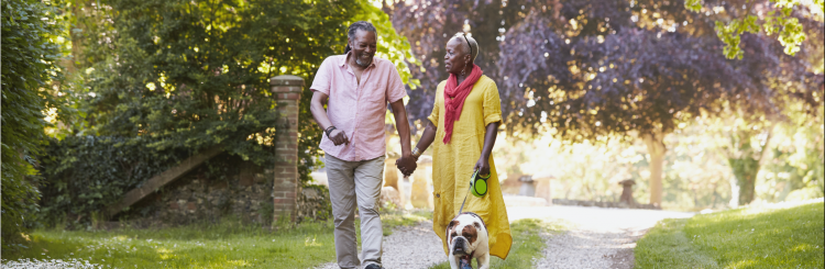 Couple walking with dog