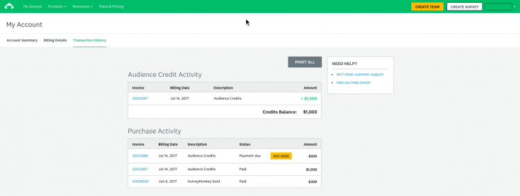 Снимок экрана с историей транзакций