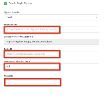 Red boxes around: Friendly name, Entity ID, Unique user identifier name, Metadata
