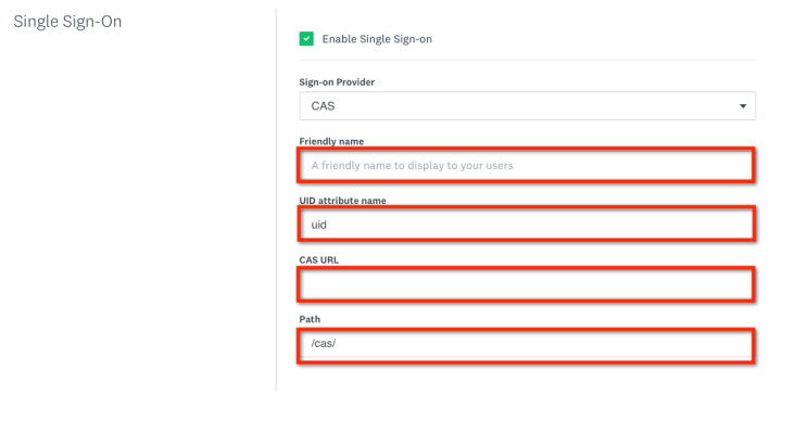 Highlighted red boxes showing, Friendly name, UID attribute name, CAS URL and Path