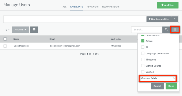 Manage Users, applicants, more options highlighted with red box showing dropdown to Custom fields highlighted in red box