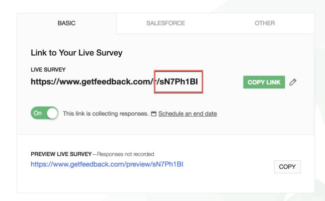 The survey token is after /r/ at the end of the survey link.