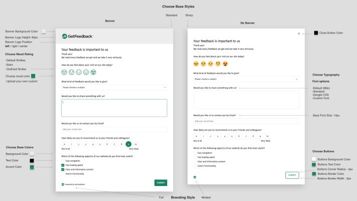 You can customize the banner, mood rating, base colors, typography, buttons, and corners of the form.