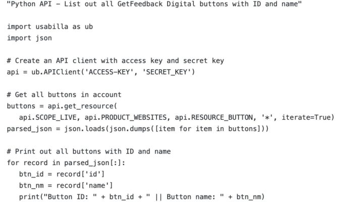 Image showing the code for get all buttons digital API call