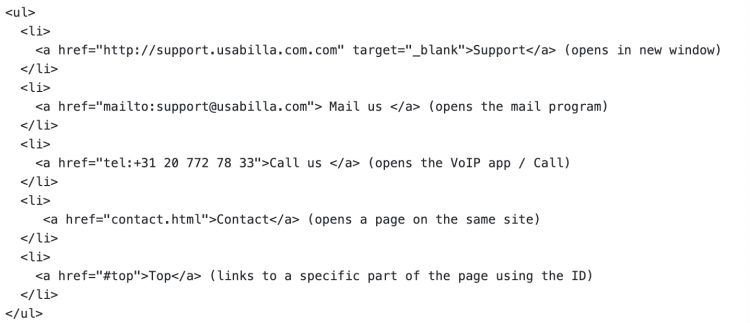 Image of examples of links you can use to link to another page from your form