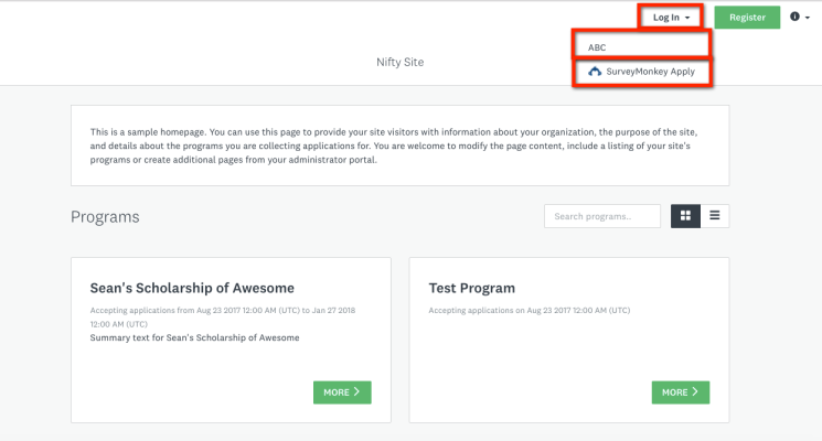 Top right corner, Log in dropdown, and SurveyMonkey Apply is highlighted in red