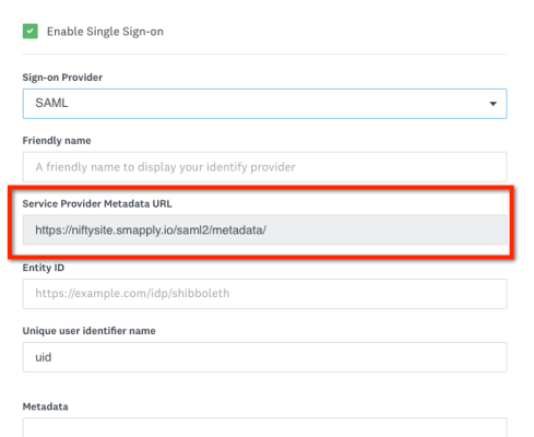 Service Provider Metadata URL highlighted in red box