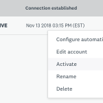 Connection established, dropdown menu with Configure automatically, Edit account, Activate, Rename and delete