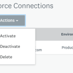 Salesforce Connection, Actions dropdown to show activate, deactivate, and delete