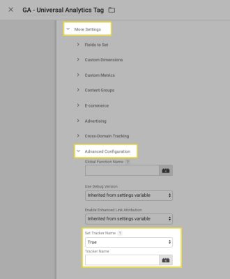 Image showing the Advanced Configuration option in Universal Analytics Tag