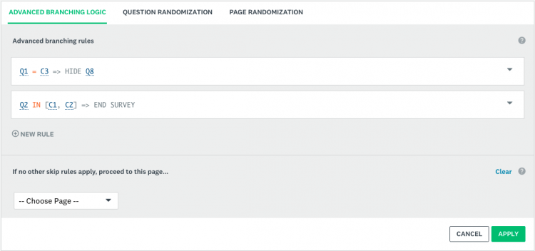 Immagine di come applicare più regole. Mostra la scheda Logica di ramificazione avanzata che include due regole e un'opzione per aggiungerne un'altra. È possibile scegliere una pagina a cui passare dopo le regole.