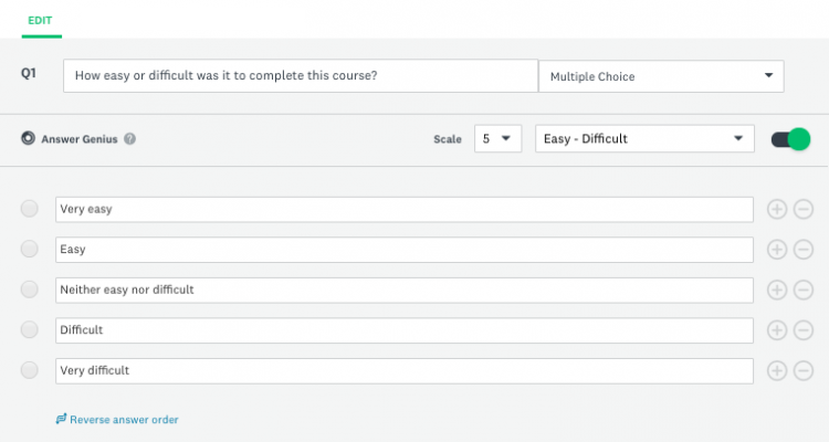 Bild einer Multiple-Choice-Frage mit aktiviertem Antwort-Genie zum Erstellen von Antwortoptionen von 1 bis 5, die leicht bis schwierig sind.