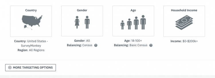 Imagen de las opciones de focalización que incluyen país, región, sexo, edad e ingresos. También hay opciones de equilibrio para el sexo y la edad, así como un botón para agregar más opciones de focalización.