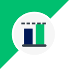 A two-colored square with a diagonal of green and gray colors. A gray circle in the middle with two bars, a short blue one and a tall green one.