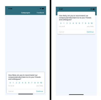Side by side examples of campaign banners, one at the top and the other at the bottom of an app screen.