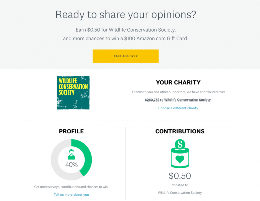 Banner con titolo pronto per condividere le tue opinioni e un link per partecipare a un'indagine, con sotto il testo che chi partecipa all'indagine può guadagnare 50 centesimi per la Wildlife Conservation Society e più possibilità di vincere un buono regalo Amazon da $ 100. Sotto il banner sono riportati ulteriori dettagli sull'importo del contributo di beneficenza e dei 50 centesimi.