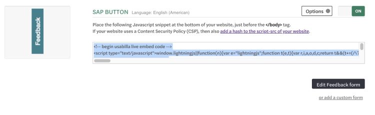 Image highlighting the copied web button code from GetFeedback.