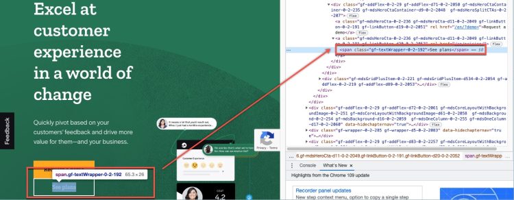 On your webpage, right-click the element, then select Inspect. In the right-side console, copy the selector from the highlighted element.