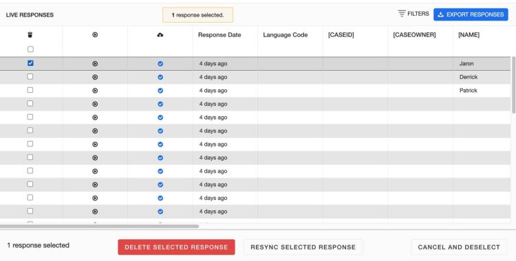 Screen showing how to delete an individual responses.