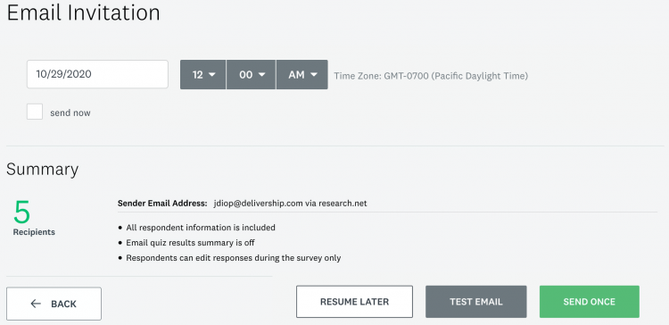 «29.10.2020» в поле даты с указанием времени и часового пояса. В разделе сводных данных указано пять получателей. Кнопка «Назад» расположена в нижнем левом углу, а кнопки «Продолжить позже», «Проверить письмо» и «Отправить один раз» — в правом нижнем углу.