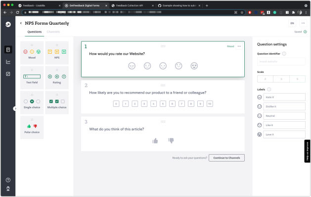 NPS Forms showing embedded listener. Highlighting question 1 with a dark green outline.