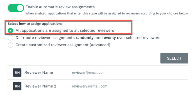 Capture d’écran de l’écran dans lequel activer l’attribution automatique. L’option Toutes les demandes sont attribuées à tous les évaluateurs sélectionnés est sélectionnée.