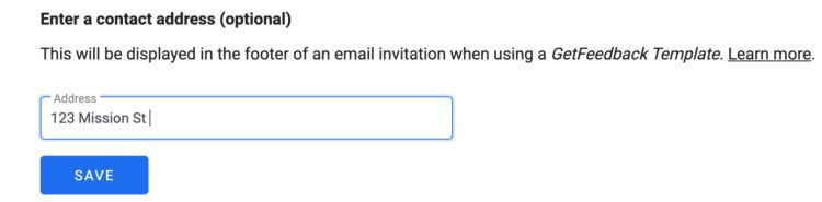 Screen showing where to insert your address to display in the footer of an email invitation.