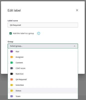 Close up of the setting where you can add your new label to an existing group of labels.