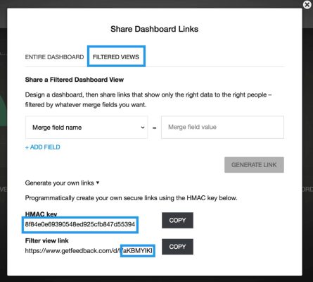Shared Dashboard Links with blue box around Filtered Views, HMAC key and the Filter View Link