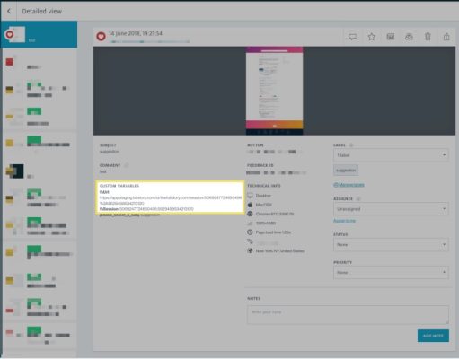 Example of FullStory data in a feedback item.
