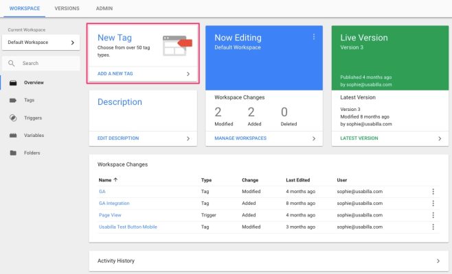The Google Tag Manager view highlighting where to create a New Tag.