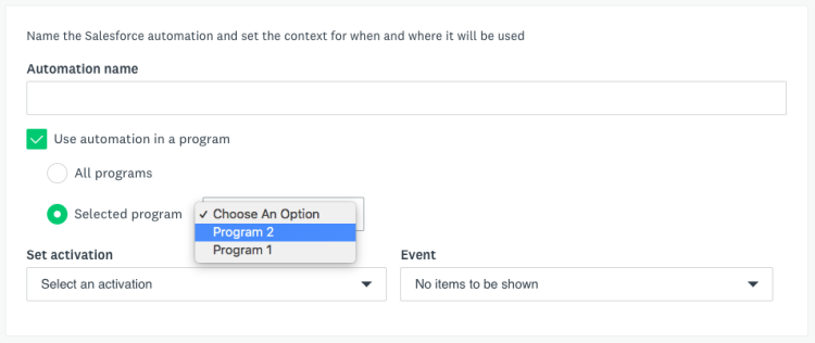 Checkmark besides user automation in a program, select program, choose an option, program 2 highlighted
