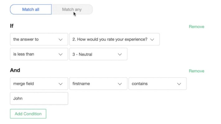 Visual highlight that you can choose from Match all or Match any.
