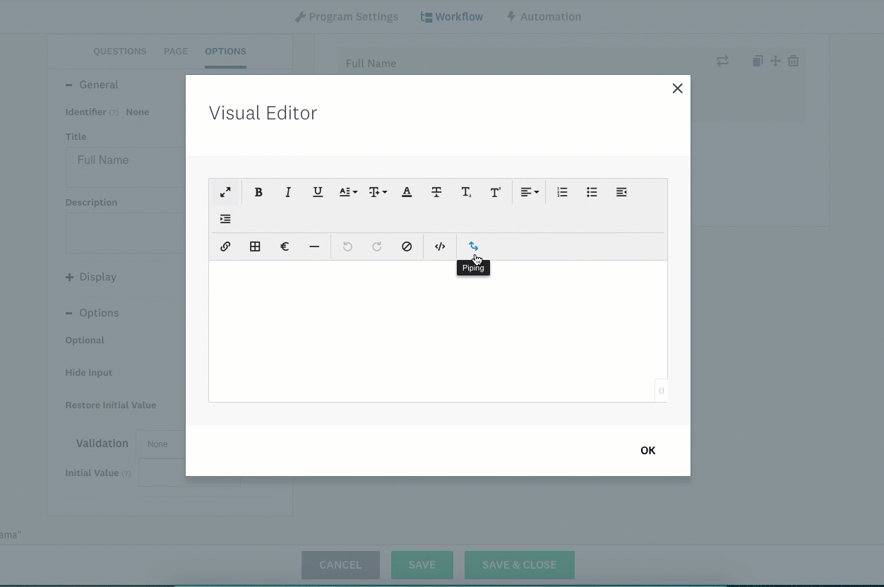 Éditeur visuel étape par étape pour ajouter des variables dans les réponses texte