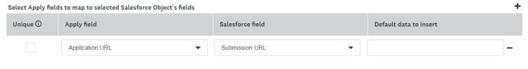 Mappages de champs pour une action de mappage par intégration, affichage du champ Appliquer avec le menu déroulant URL de la demande et du champ Salesforce avec le menu déroulant URL de la soumission