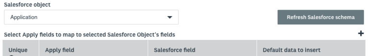 Objet Salesforce, demande dans une liste déroulante. Bouton gris Actualiser le schéma Salesforce.