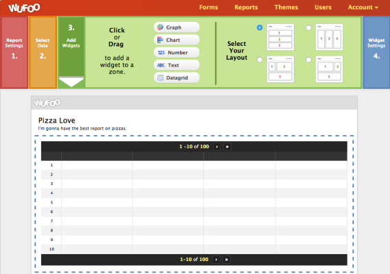 The report builder. There are 4 options at the top: Report Settings, Select Data, Add Widgets, and Widget Settings.