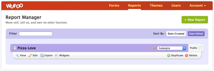 Find any reports you've created on the Report Manager page. Select the buttons below your report name to view, edit, export, duplicate, or delete your report.