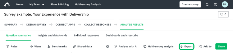 The Analyze results navigation to export all response data.
