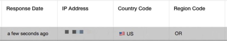Visual of the in-app Response report showing response date, IP address, country code, and region code.