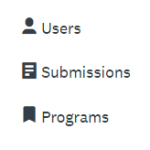 A person icon displays for User search results. A page icon displays for Submission search results. A bookmark icon displays for Program search results.
