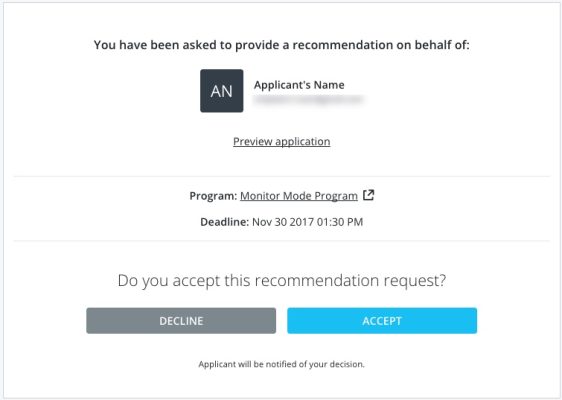 Page sur laquelle les recommandeurs doivent accepter ou refuser la demande de recommandation.