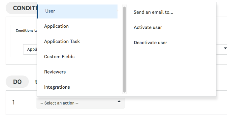 Image d'un menu déroulant utilisé pour sélectionner les actions que l’automatisation va effectuer.
