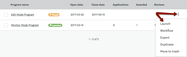 Capture d’écran de l’icône Plus d’options sur laquelle cliquer pour afficher la liste déroulante, y compris l’action de lancement.