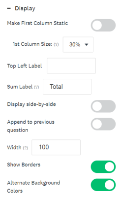 The available Multi-Column question display settings.