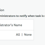 Exemple d’écran Demander une confirmation dans lequel les administrateurs sélectionnés recevront une notification par email lorsque la tâche sera soumise pour approbation.