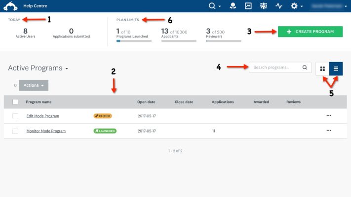Screenshot of an example Site Dashboard which is the hub of your site and will display an overview of all your programs.