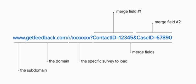 Breakdown of the structure of a GetFeedback URL plus merge fields..