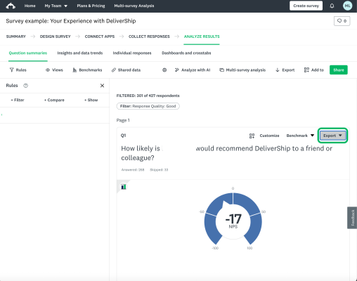 Screenshot of the Analyze responses section, with the Export button circled within Q1, to indicate a Summary data export, or Quick export