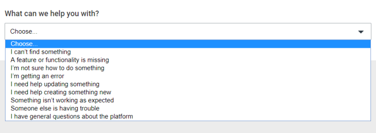 Screenshot of the Apply support form options. This form can be used to ask the support team for assistance using the product, submitting feature requests, or for help creating new forms and automations.